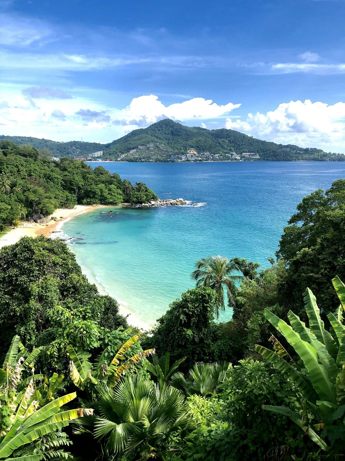 Phuket bay seen through the tropical greenery